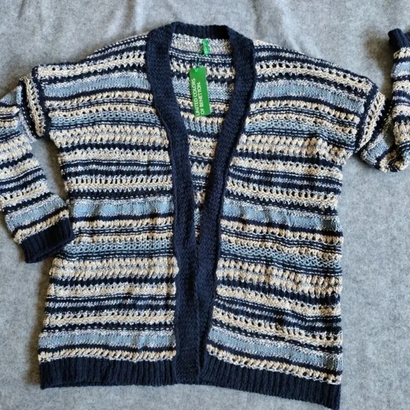 Benetton Womans Blue Knit Crochet Cut Out Striped Open Cardigan Sweater M NWT - Picture 3 of 14